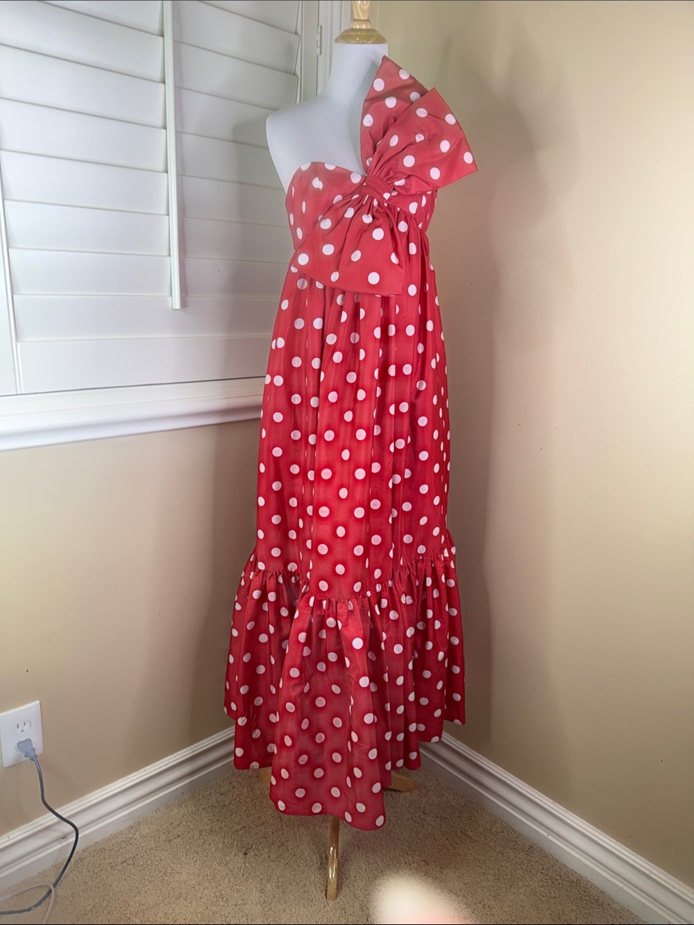 Red Polka Dot One-Shoulder Bow Maxi Dress